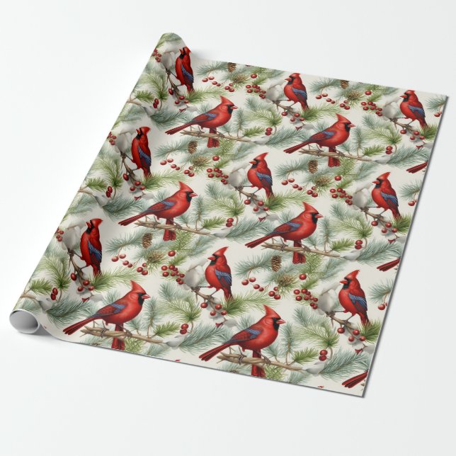 Festive Cardinal Heliga Berry Pinecone jul Presentpapper (Utrullad)