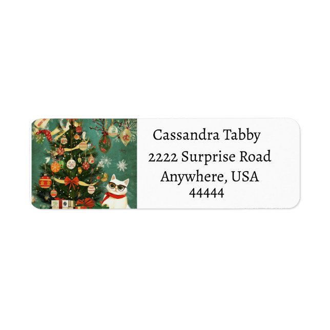 Festive Cat and Christmas Tree Labels Returadress Etikett (Framsidan)