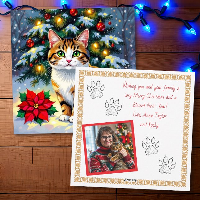 Festive Cat and Poinsettia Customized Christmas Julkort (Skapare uppladdad)