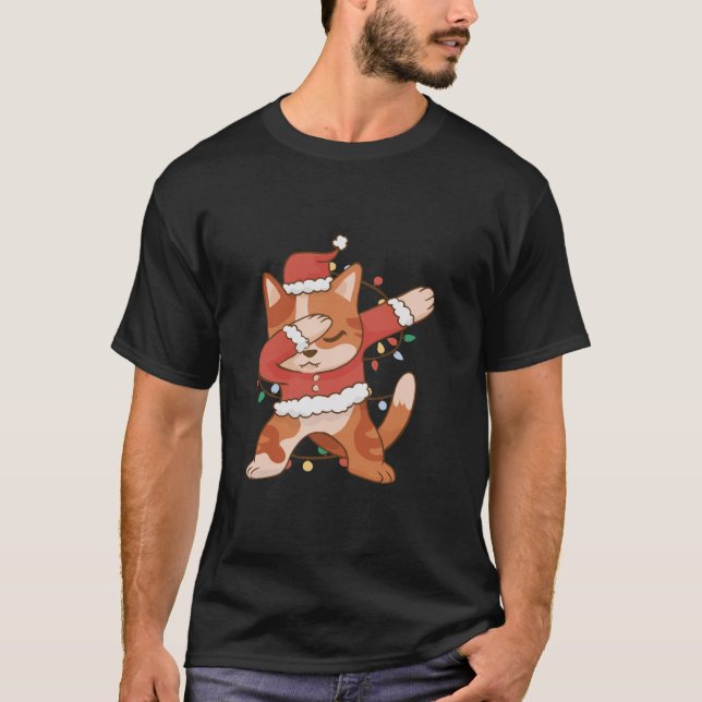 Festive Cat Dab jul Ljus Roligt T Shirt (Framsida)