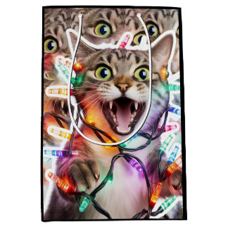 Festive Cat Gift Bag with Holiday Lights