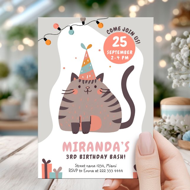 Festive Cat Hat Pastel Birthday Inbjudningar (Skapare uppladdad)