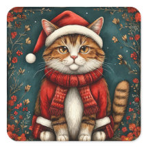 Festive Cat Wearing Santa Hat and Scarf