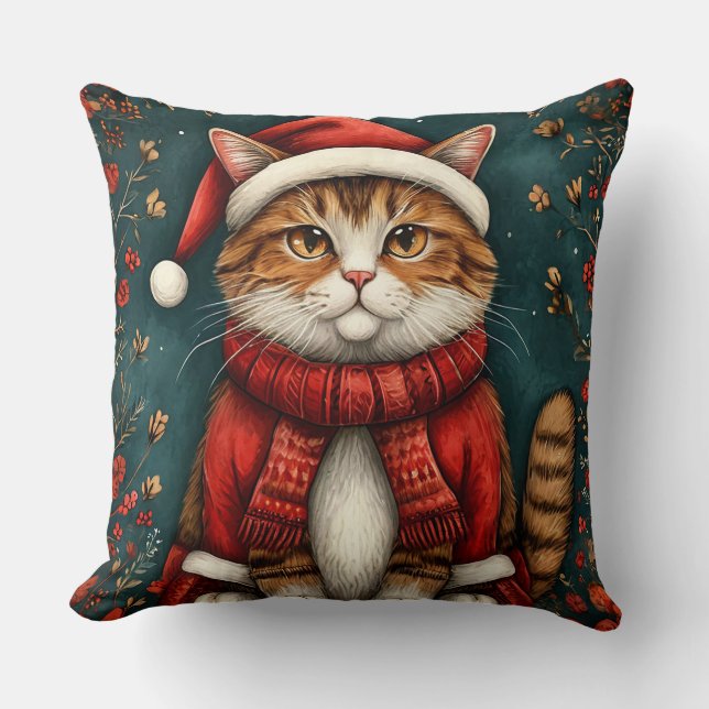 Festive Cat Wearing Santa Hat and Scarf Kudde (Framsida)