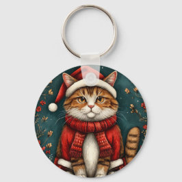 Festive Cat Wearing Santa Hat and Scarf Nyckelring