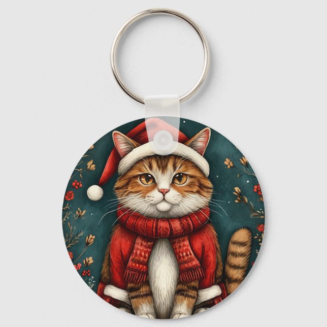 Festive Cat Wearing Santa Hat and Scarf Nyckelring (Framsida)