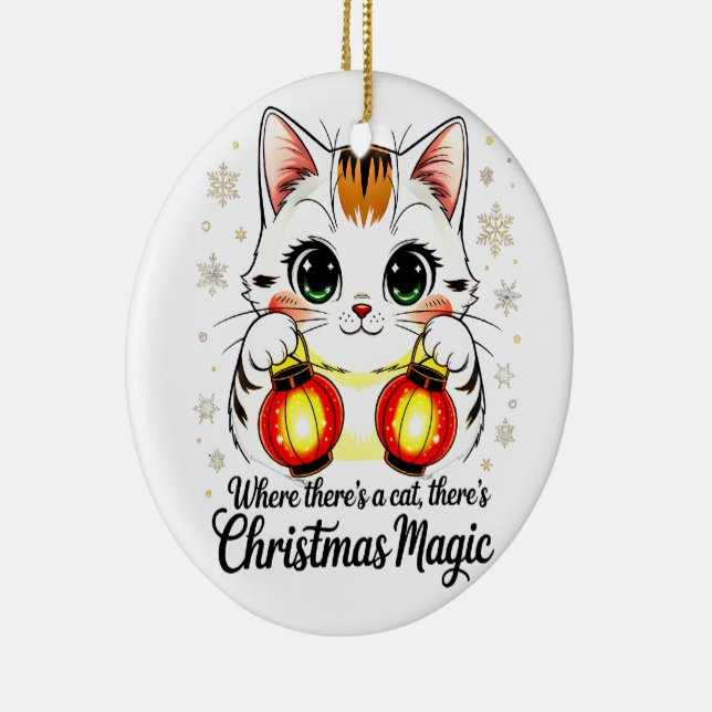 Festive Cat with Lanterns - Cute Lunar New Year Julgransprydnad Keramik (Höger)