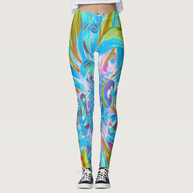 Festive Chartreuse och Blue Dahlia Flower Petals Leggings (Framsida)