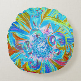 Festive Chartreuse och Blue Dahlia Flower Petals Rund Kudde