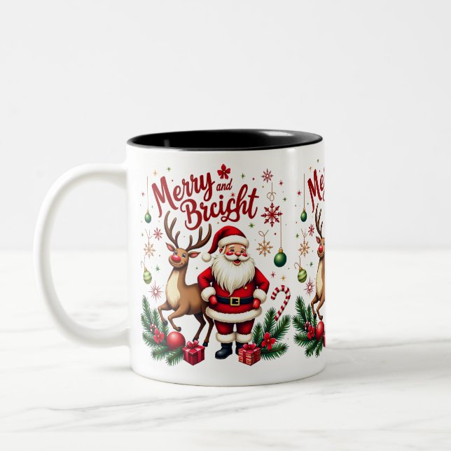 Festive Cheer with Santa & Reindeer - Holiday Mug Två-Tonad Mugg (Vänster)