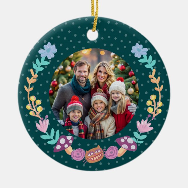 Festive Cheshire Katt Blommigt Utandning Grönt jul Julgransprydnad Keramik (Framsidan)