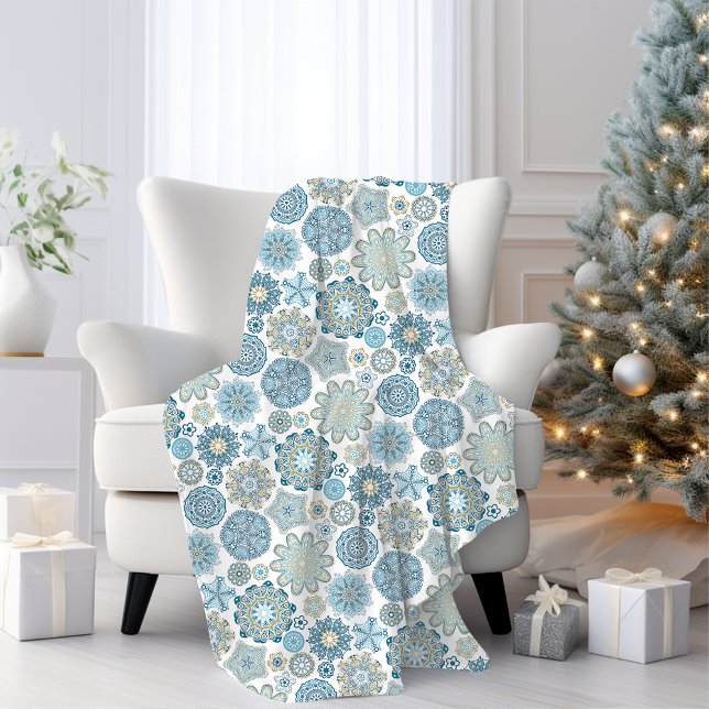 Festive Chic Blommigt Mandala Snö Flakes Mönster Fleecefilt (Skapare uppladdad)