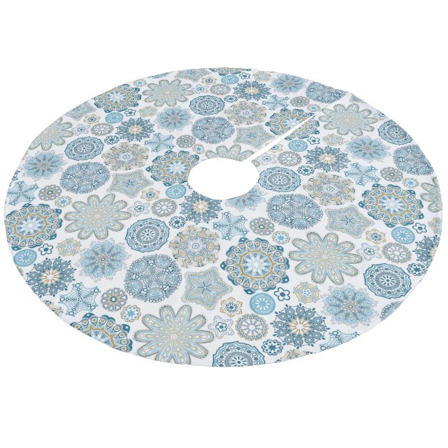 Festive Chic Blommigt Mandala Snö Flakes Mönster Julgransmatta Fleece (Vinklad)