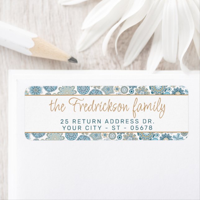 Festive Chic Blommigt Mandala Snö Flakes Mönster Returadress Etikett (Insitu)