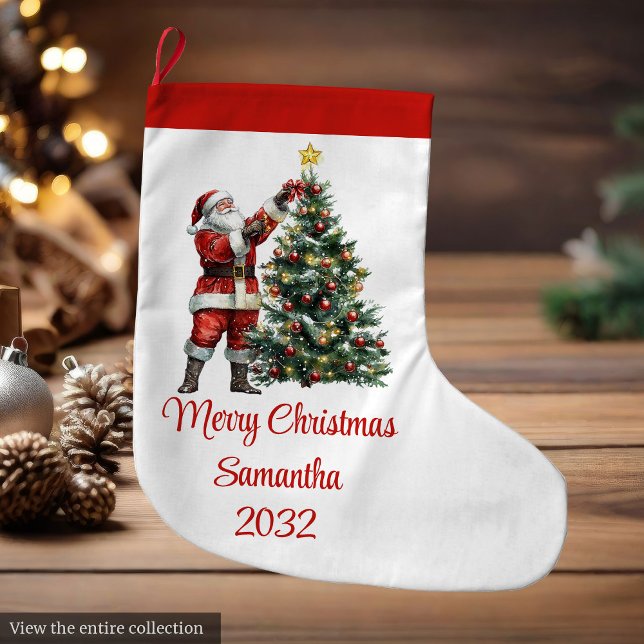 Festive Chic Santa Claus Red White Rustic Holiday Stor Julstrumpa (Festive Santa Claus Red White Rustic Holiday Stocking)
