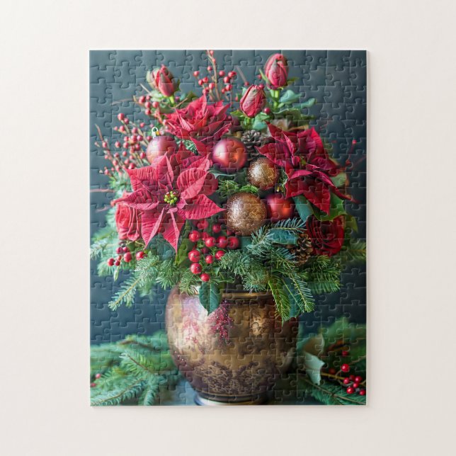 Festive Christmas Bouquet with Pine and Poinsettia Pussel (Vertikal)