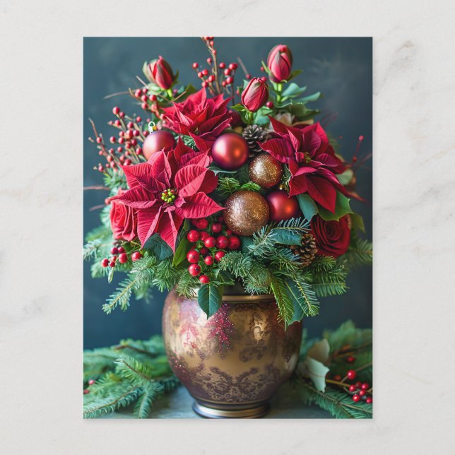Festive Christmas Bouquet with Pine and Poinsettia Vykort (Framsida)