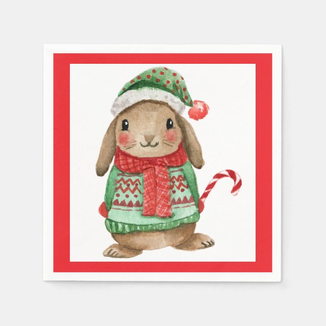 Festive christmas bunny with candy cane pappersservett (Framsidan)