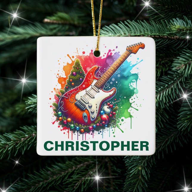 Festive Christmas Electric Guitar Custom Name Julgransprydnad Keramik (Skapare uppladdad)