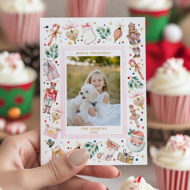 Festive Christmas Family Photo Card Inbjudningar (Fun Pink Christmas Photo Card)