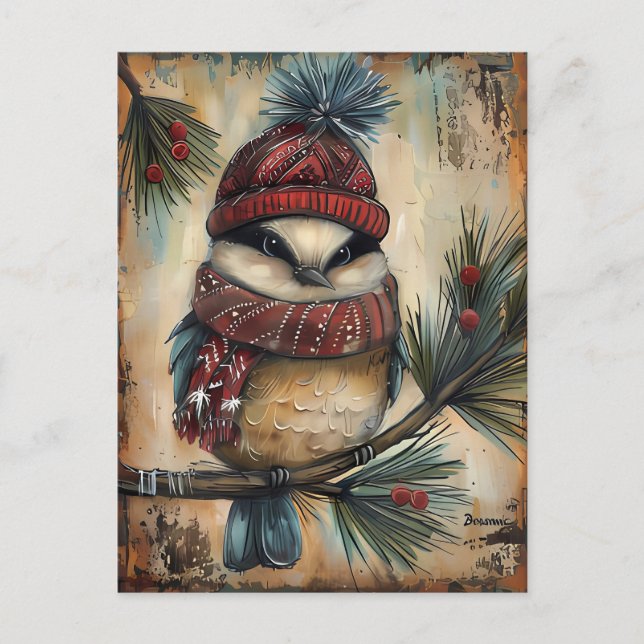 Festive Christmas Greeting with cute Bird Vykort (Framsida)
