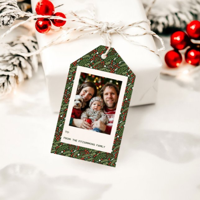 Festive Christmas Holly Leaf Holiday Photo Card Presentetikett (Holly Leaf Christmas photo gift tag)
