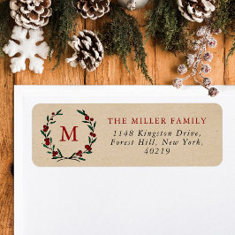 Festive Christmas Monogram Wreath Holiday Returadress Etikett