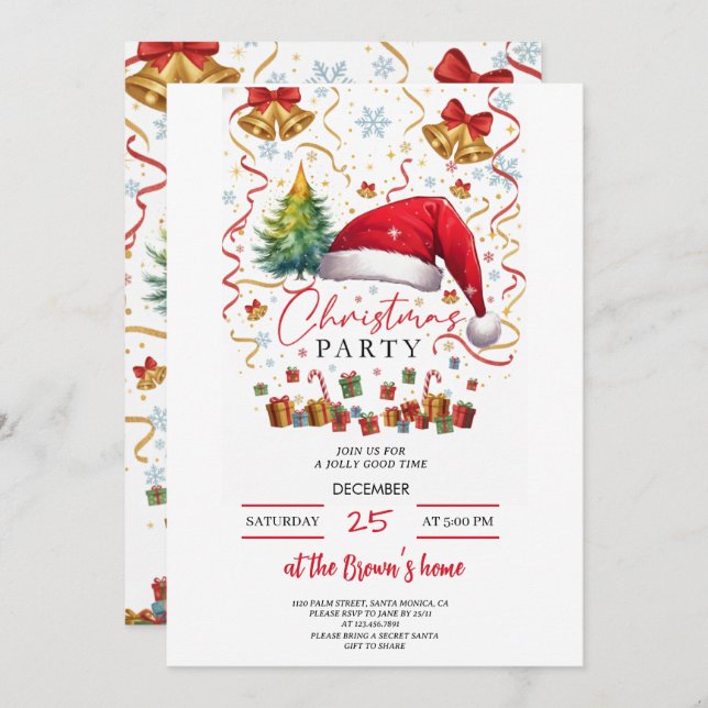 Festive Christmas Party Invitation Red Santa Hat Inbjudningar (Fram/baksida)