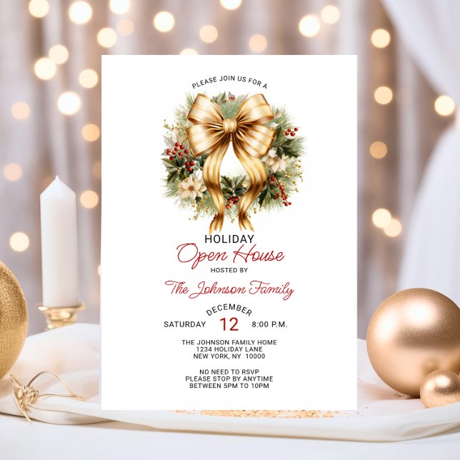 Festive CHRISTMAS PARTY Red Guld Wand Open House Inbjudningar (Festive CHRISTMAS PARTY Red Gold Wreath Company Invitation)