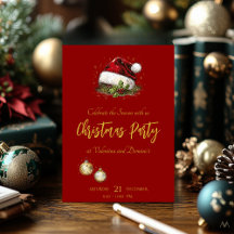 Festive Christmas Party with Santa Hat on Red
