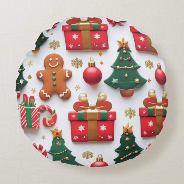 Festive Christmas Pattern Rund Kudde (Framsidan)