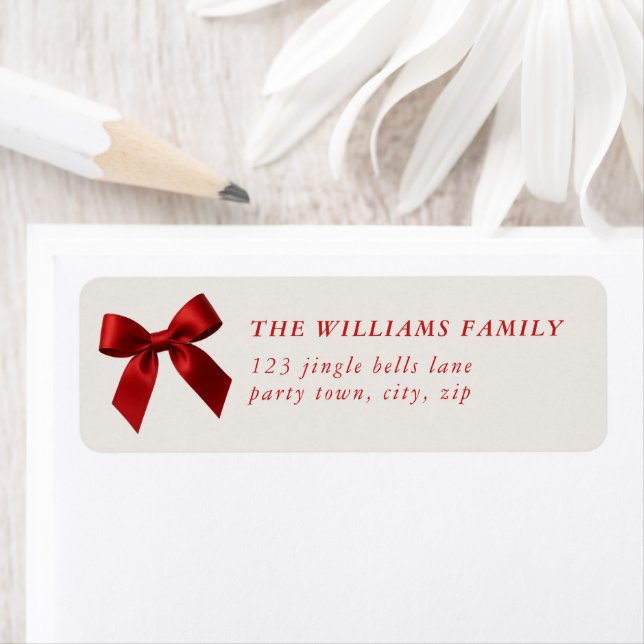 FESTIVE CHRISTMAS simple modern red ribbon bow Returadress Etikett (Insitu)