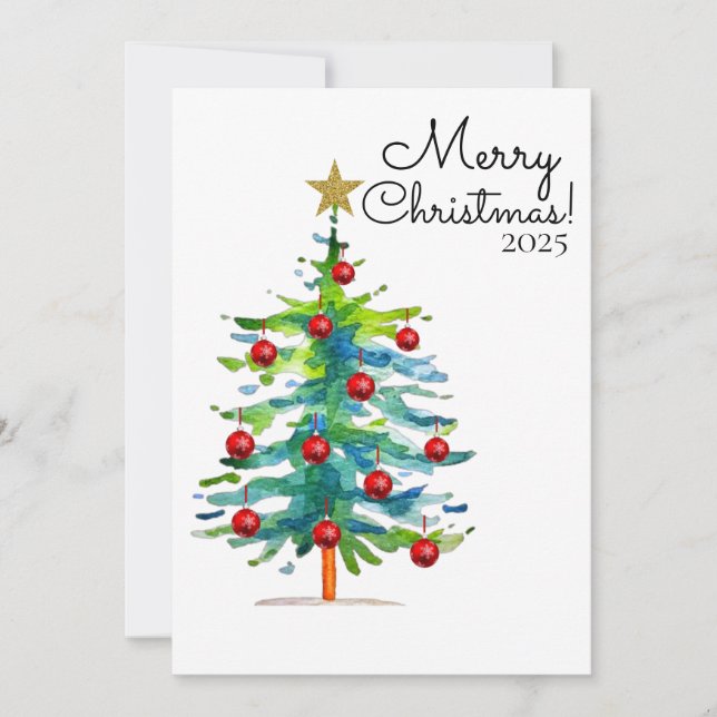 Festive Christmas Tree With Red Ornaments Julkort (Framsida)