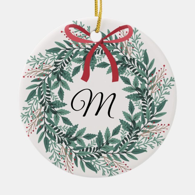 Festive Christmas Wreath Custom Initial and Photo Julgransprydnad Keramik (Framsidan)