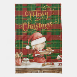 Festive Classic Red Green Gold Tartan Mrs Claus  Kökshandduk