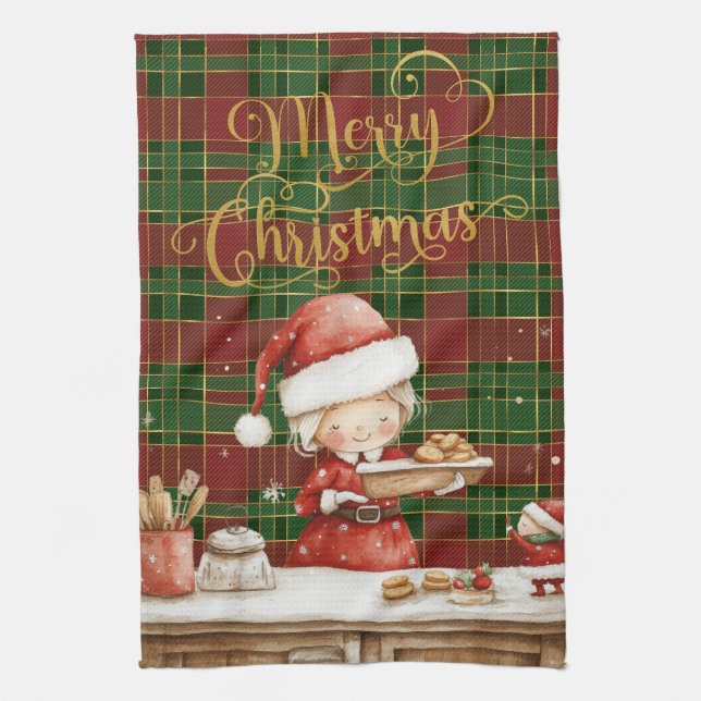 Festive Classic Red Green Gold Tartan Mrs Claus  Kökshandduk (Vertikal)