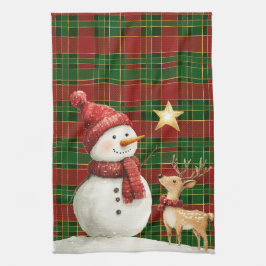 Festive Classic Red Green Gold Tartan Snowman Kökshandduk