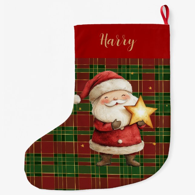 Festive Classic Red Grönt Guld Tartan Jultomten Stor Julstrumpa (Baksidan)