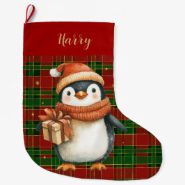 Festive Classic Red Grönt Guld Tartan Penguin Stor Julstrumpa