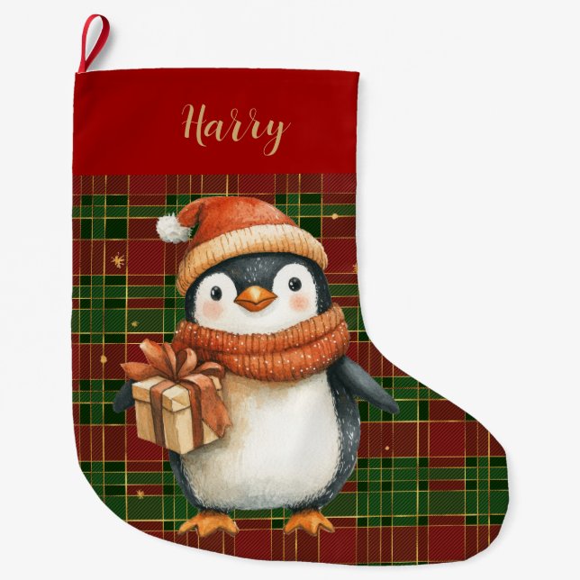 Festive Classic Red Grönt Guld Tartan Penguin Stor Julstrumpa (Framsidan)
