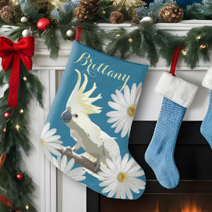 Festive Cockatoo with Daisy Flowers Vibrant Parrot Stor Julstrumpa