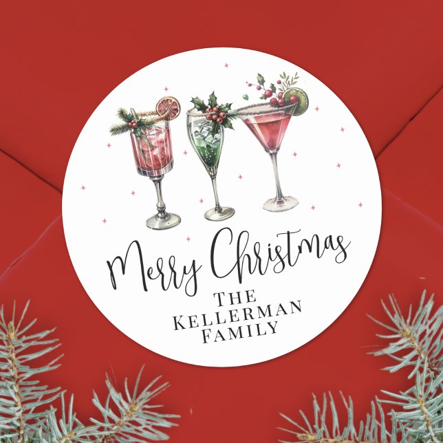 Festive Cocktails Merry Christmas Runt Klistermärke (Festive Cocktails Merry Christmas Classic Round Sticker)
