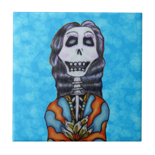 Festive Colorful Day of Dead Female Skeleton Aqua Kakelplatta (Framsidan)