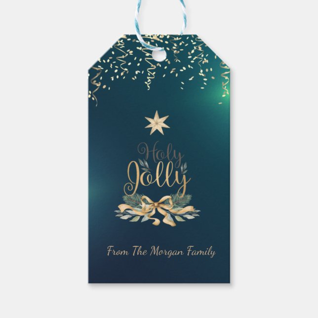 Festive Confetti, Klockor, stjärna, Grönt Presentetikett (Framsidan)