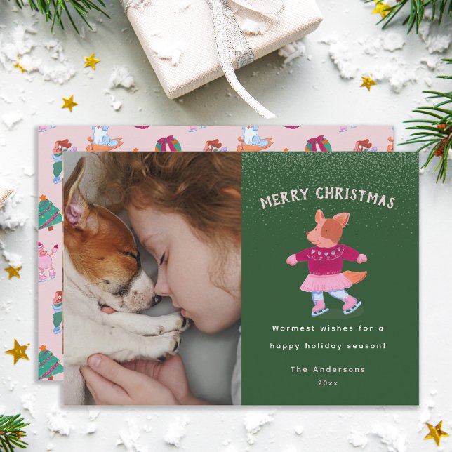 Festive Corgi Ice Skating Green Christmas  Julkort (Skapare uppladdad)