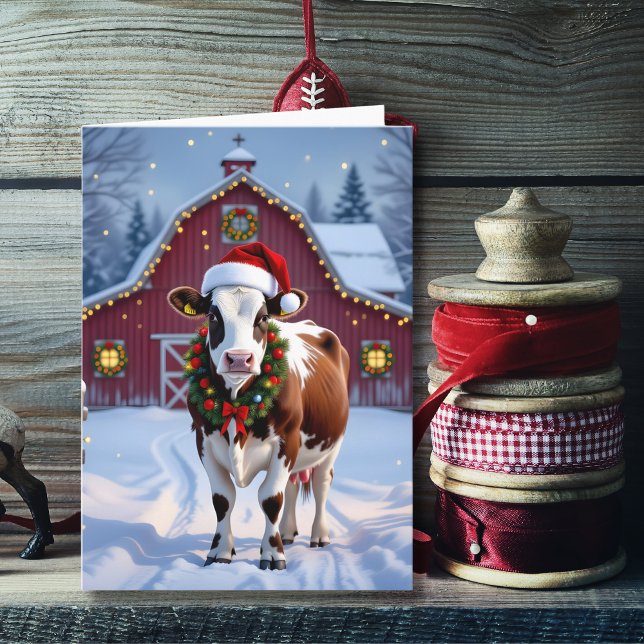 Festive Cow i julen i Santa Hat Land Kort (Skapare uppladdad)