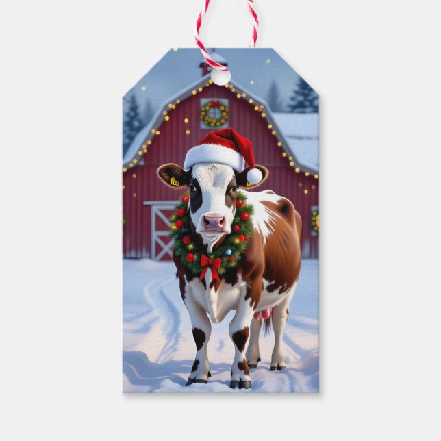 Festive Cow i julen i Santa Hat Land Presentetikett (Framsidan)