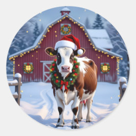 Festive Cow i julen i Santa Hat Land Runt Klistermärke