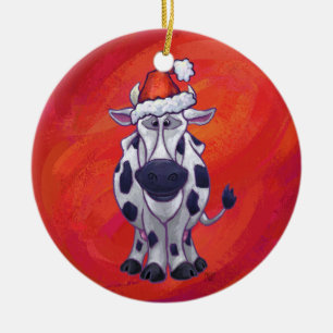 Festive Cow i Santa Hat på Red Julgransprydnad Keramik