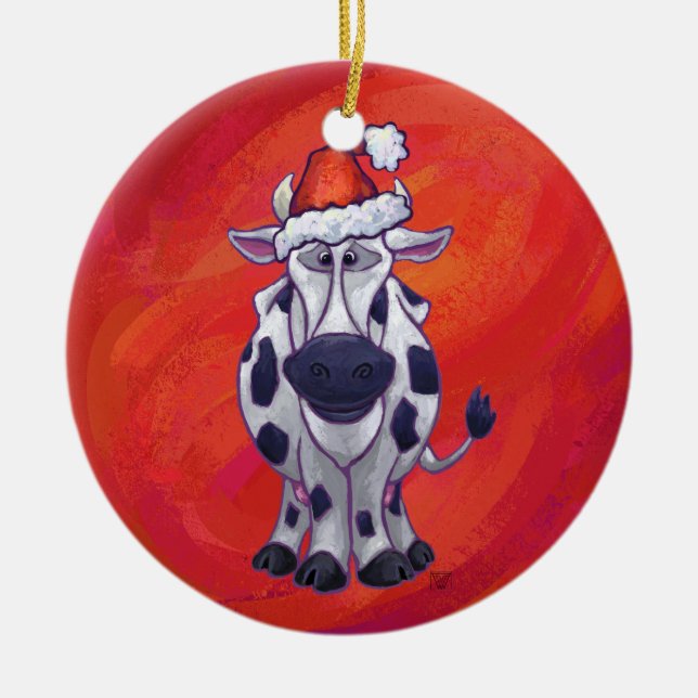 Festive Cow i Santa Hat på Red Julgransprydnad Keramik (Framsidan)